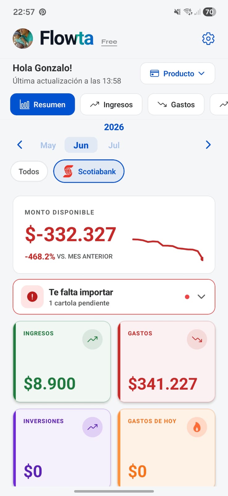Pantallas de Flowta: resumen, ingresos, gastos y más